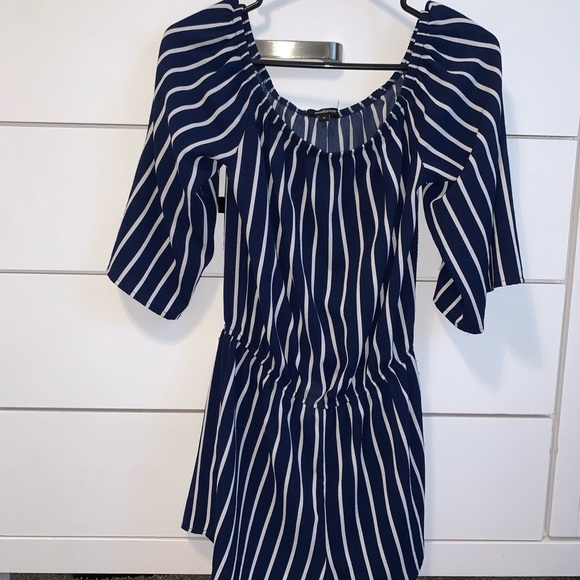 Ambiance white and blue striped off the shoulder romper - Picture 3 of 6
